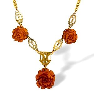 c. 1930 RED BAKELITE carved rose and brass pendant necklace